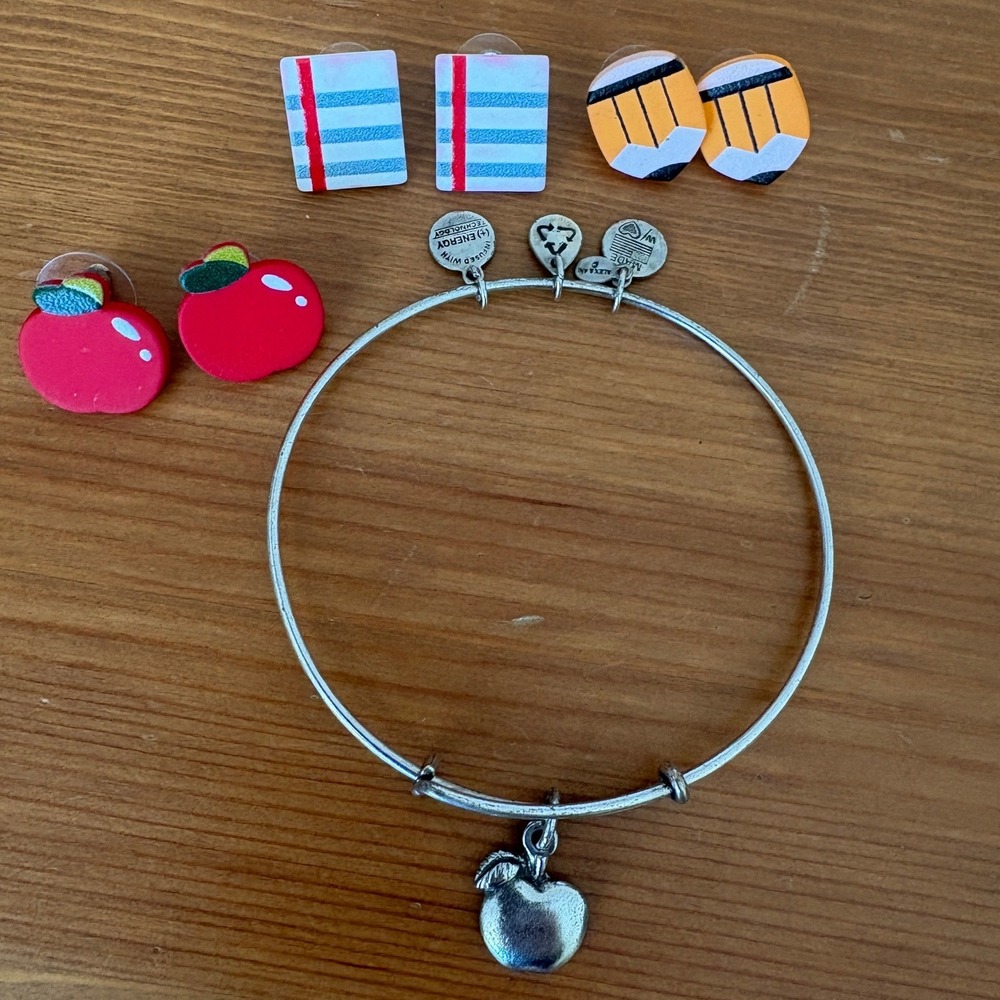 Alex and Ani Teacher Jewelry Set Apple Bangle and 3 Pair School‎ Stud Earrings